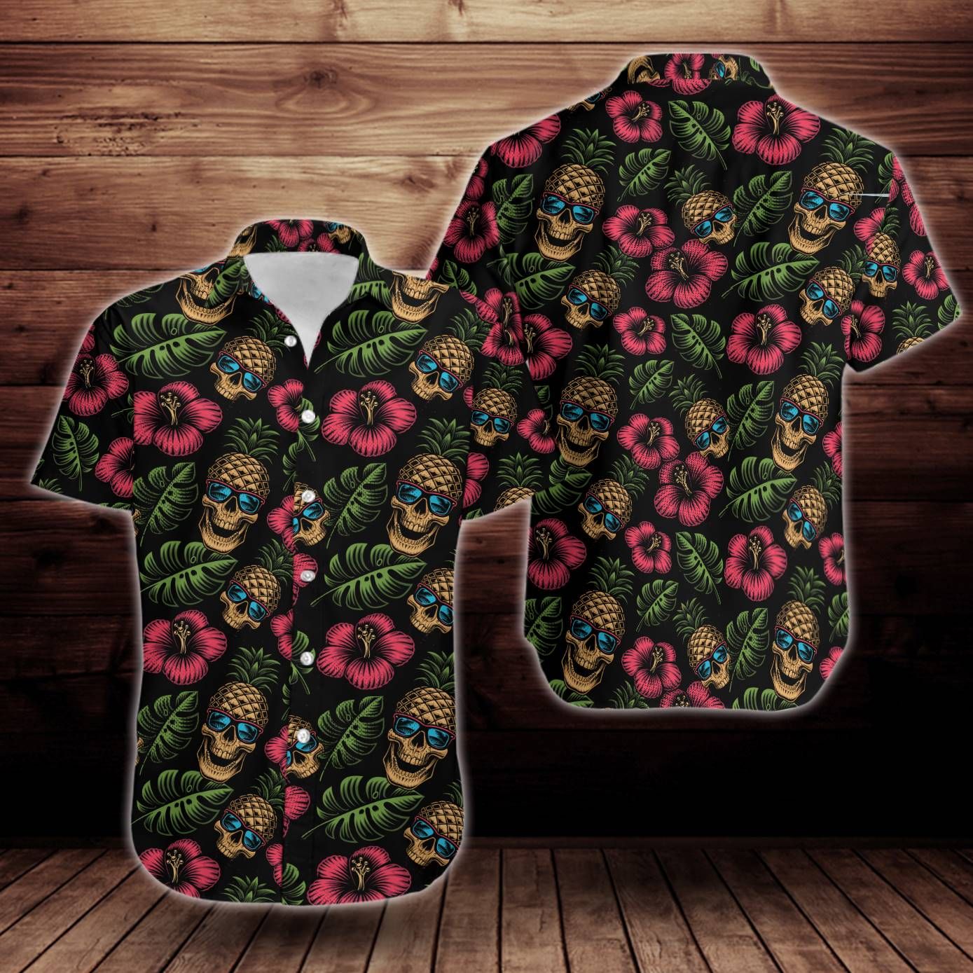 Pineapple Skull Pattern Print Design Flower Short Sleeve Hawaiian Aloha Shirt