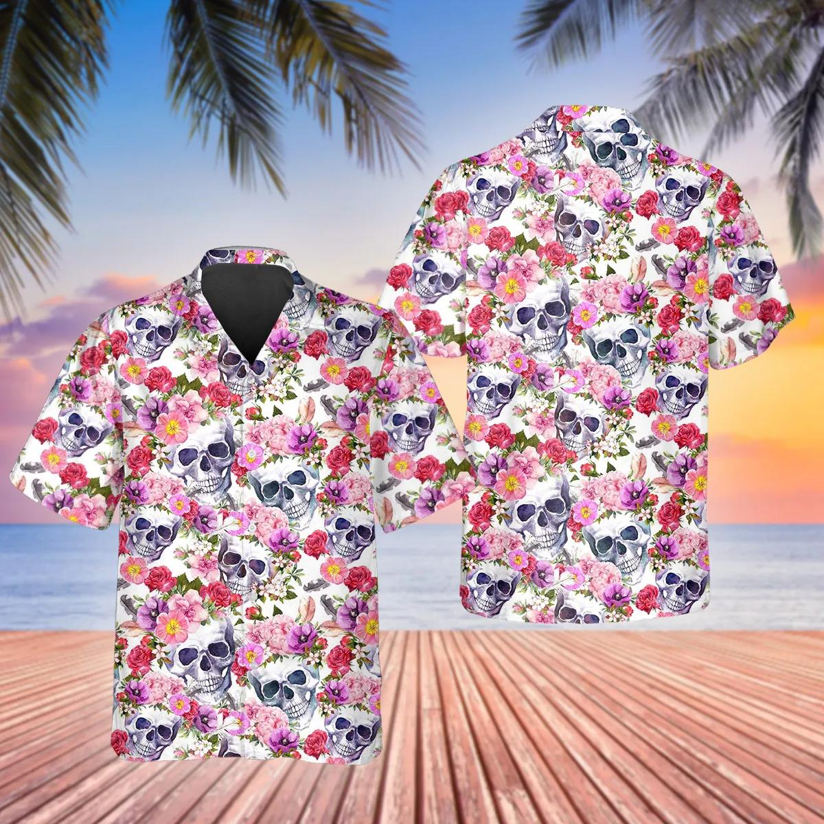 Pink Blossom Flowers Skull Hawaiian Shirt
