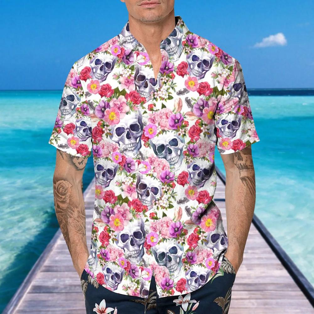 Pink Blossom Flowers Skull Hawaiian Shirt This Trends Summer Beach Shirt