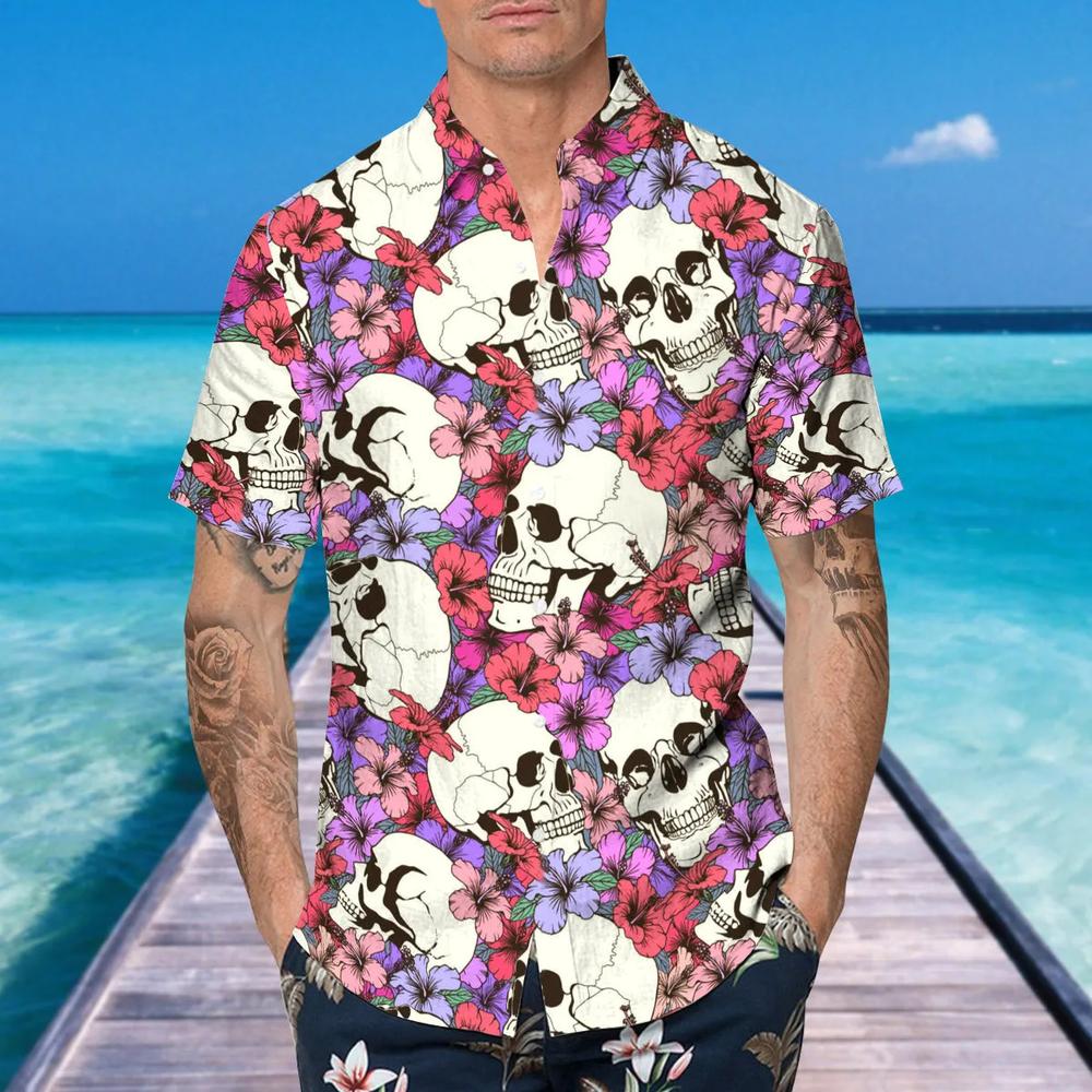 Pink Floral Skull Hawaiian Shirt This Trends Summer Beach Shirt For Men Women-1