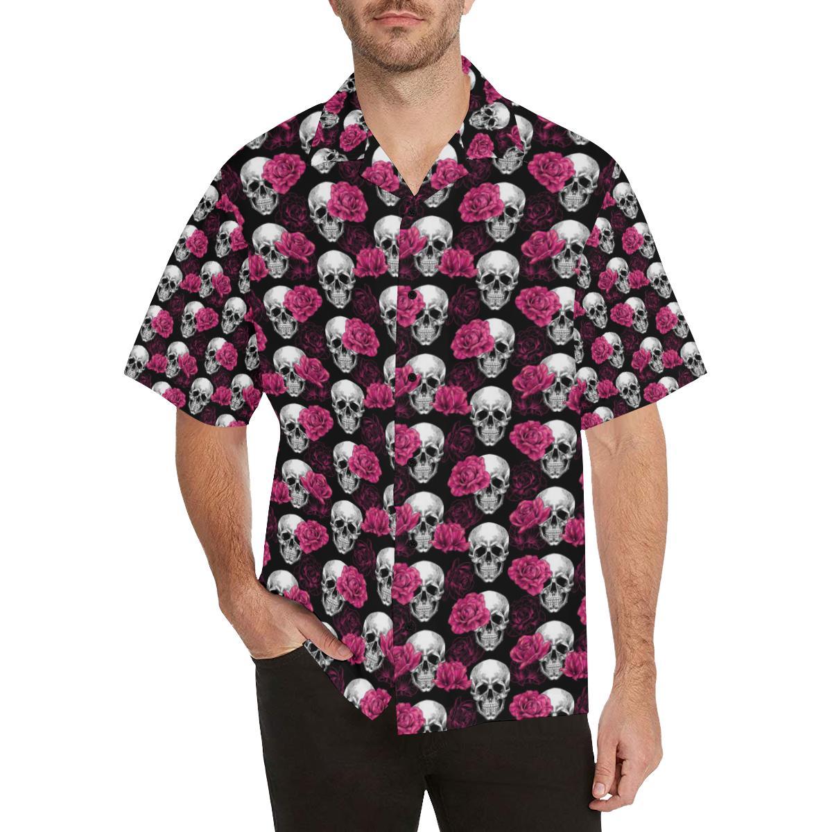 Pink Rose Skull Themed Print Hawaiian Shirt
