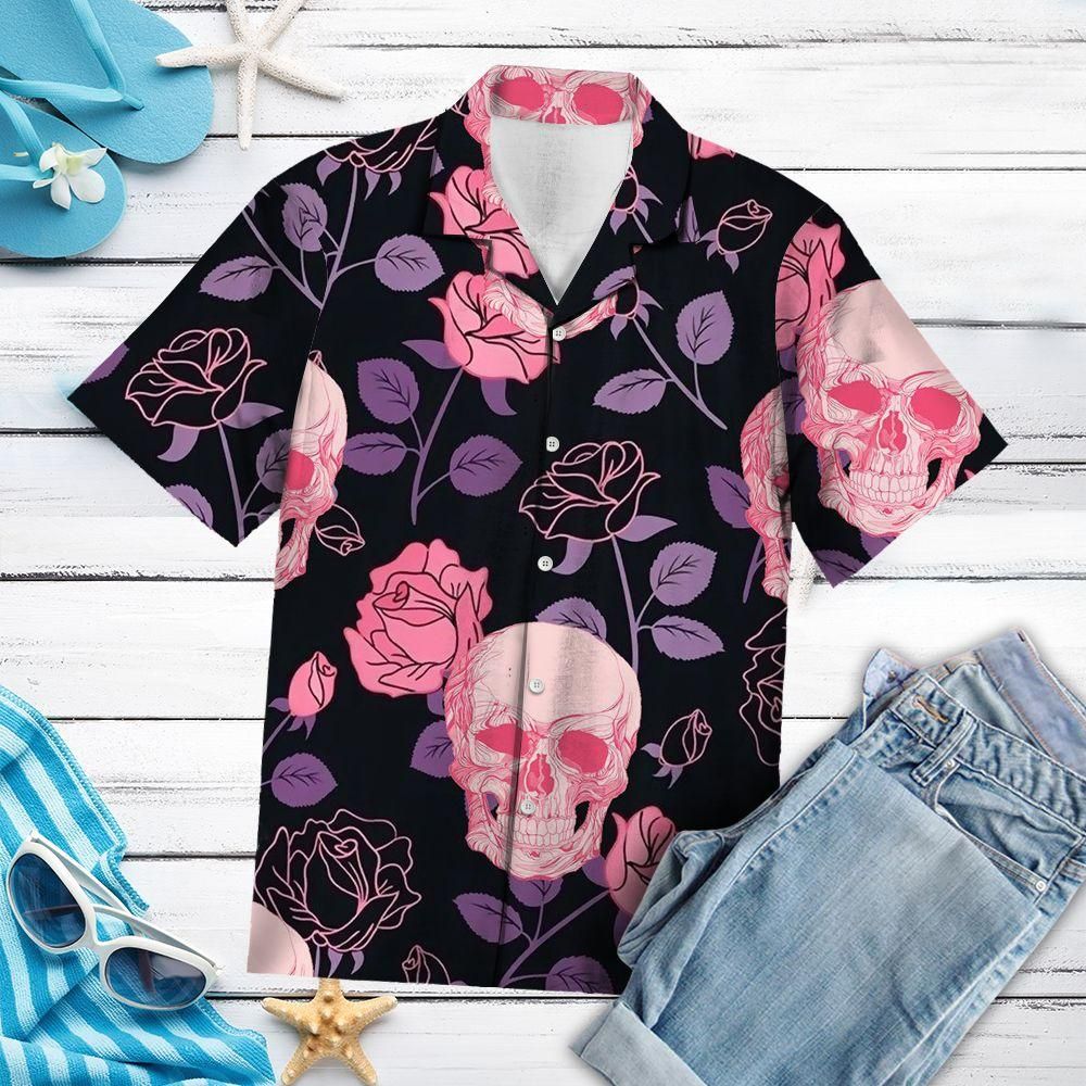 Pinky Skull Flower Aloha Hawaiian Shirt Colorful Summer Beach Casual Shirt