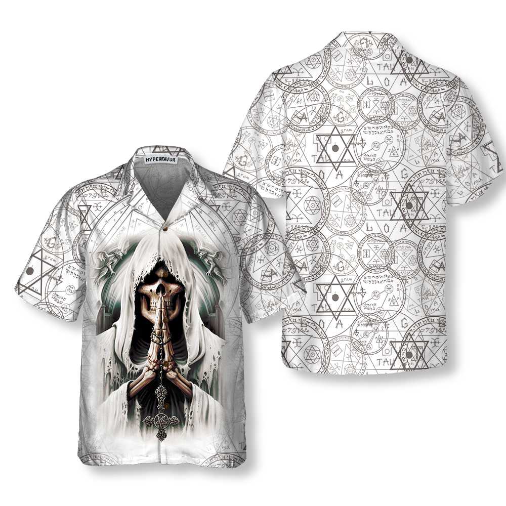 Pray Skull Hawaiian Shirt Unique Satanic Pattern Skull Shirt