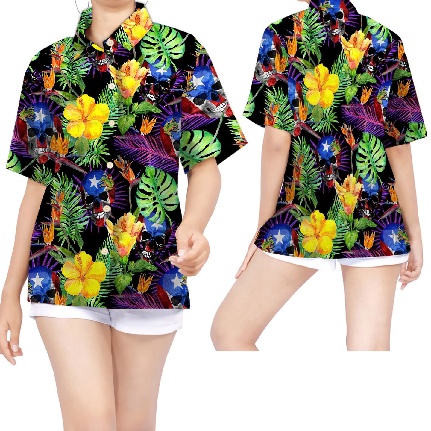 Puerto Rico Skull Tropical Flowers Women Hawaiian Shirt F