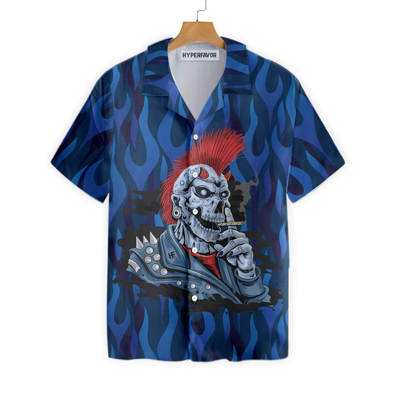 Punk Rock Skull Electric Guitar Hawaiian Shirt Blue Flame Pattern Skull Rocker Hawaiian Shirt Punk Rock Skull Electric Guitar Hawaiian Shirt Blue Flame Pattern Skull Rocker Hawaiian Shirt