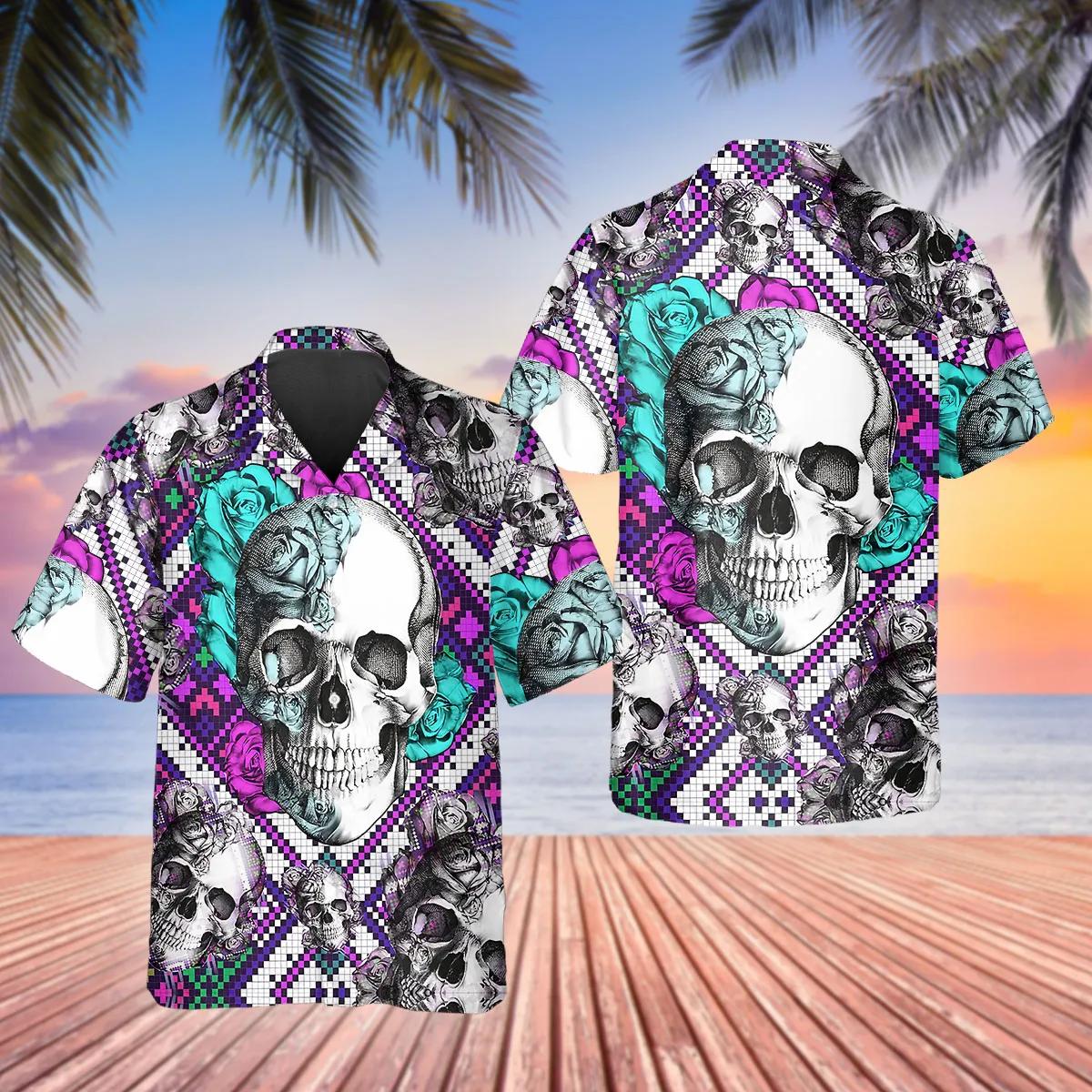 Purple And Teal Aztec Rose Skull Hawaiian Shirt