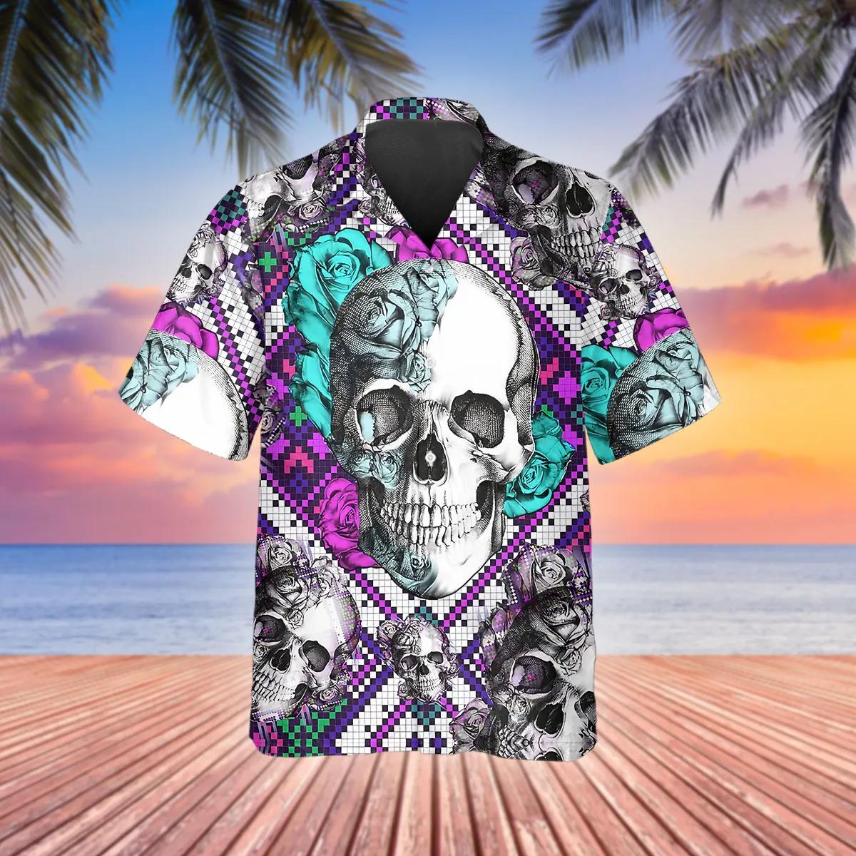 Purple And Teal Aztec Rose Skull Hawaiian Shirt