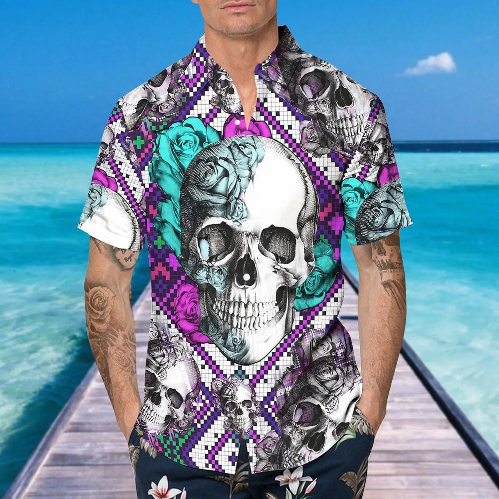 Purple And Teal Aztec Rose Skull Hawaiian Shirt
