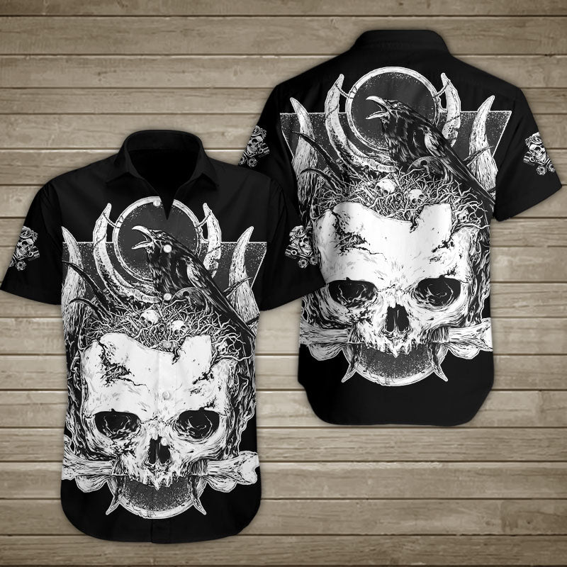Raven Death Human Skull Hawaiian Shirt Summer Button