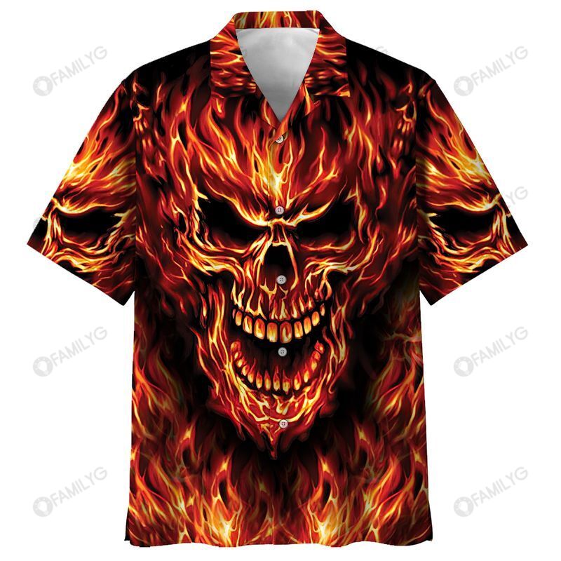 Red Flame Skull Art – Skull Unisex Hawaiian Shirt Summer Hawaiian
