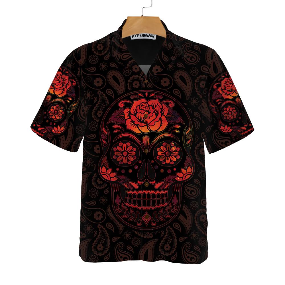 Red Mexican Sugar Skull Hawaiian Shirt Day Of The Dead Skull Shirt