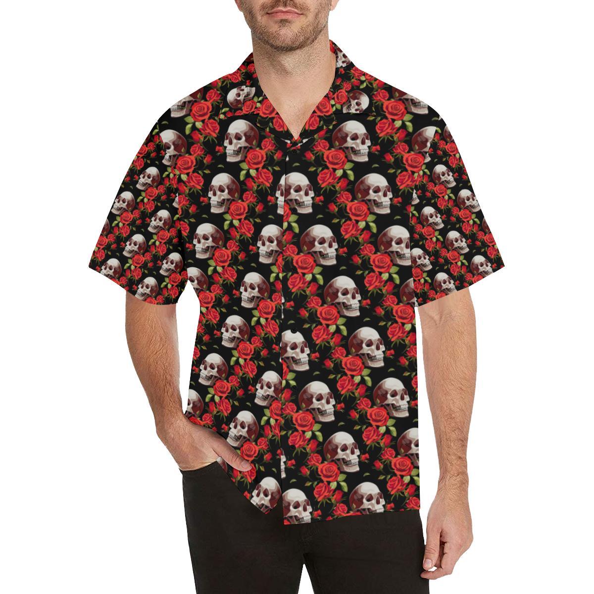 Red Rose Skull Design Print Hawaiian Shirt