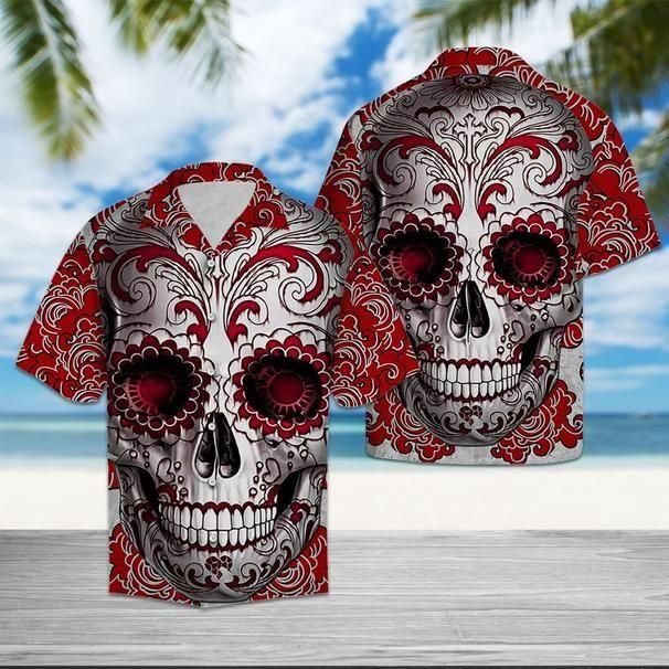 Red Skull Floral Tropical Aloha Hawaiian Shirt