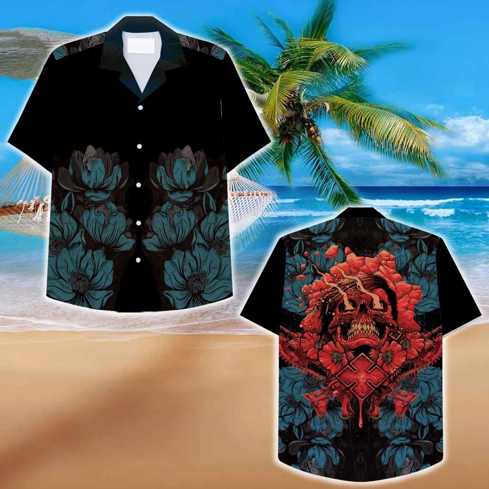 Red Skulls Green Lotus Artwork Hawaiian Shirt