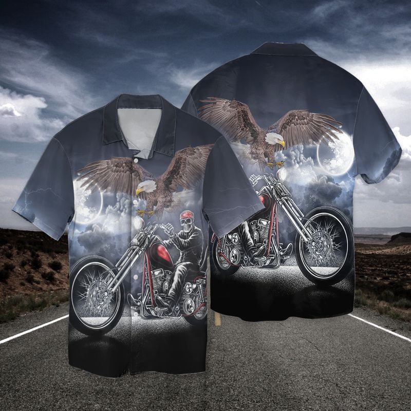 Riding Skull And Eagle At Night 3d Full Print Hawaiian Shirt
