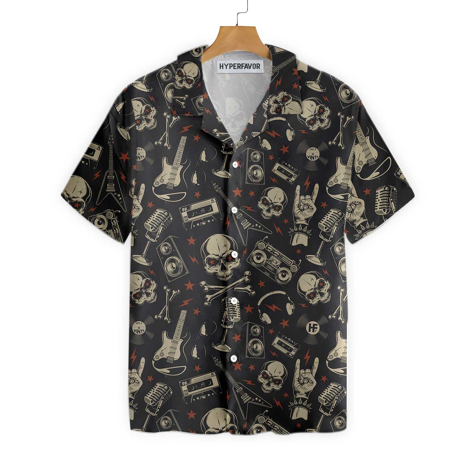 Rock N Roll Will Never Dit Electric Guitar Skull And Crossbones Hawaiian Shirt