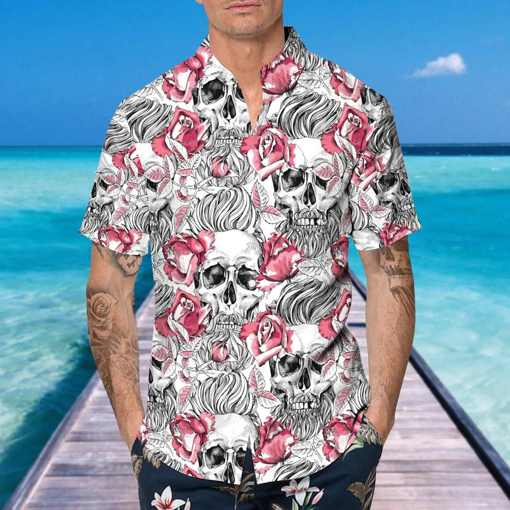Rose Pattern Happy Summer Skull Hawaiian Shirt