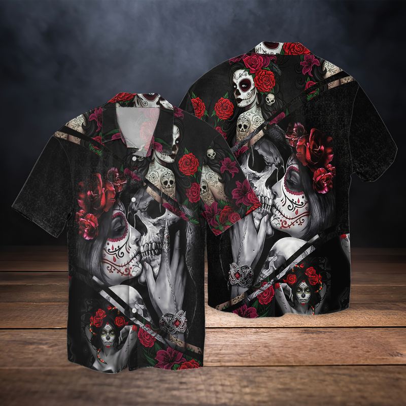 Rose Skull Romance Deadly Kiss 3d Full Print Hawaiian Shirt-1