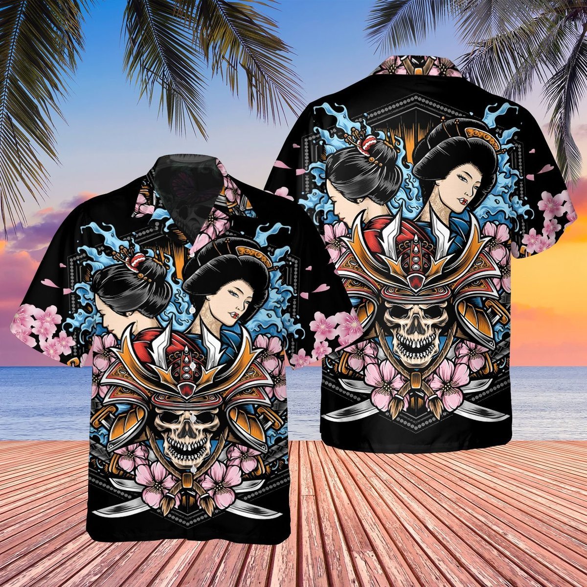 Samurai Skull And Geisha Hawaii Shirt Hawaiian Shirt For Men Hawaiian Shirt