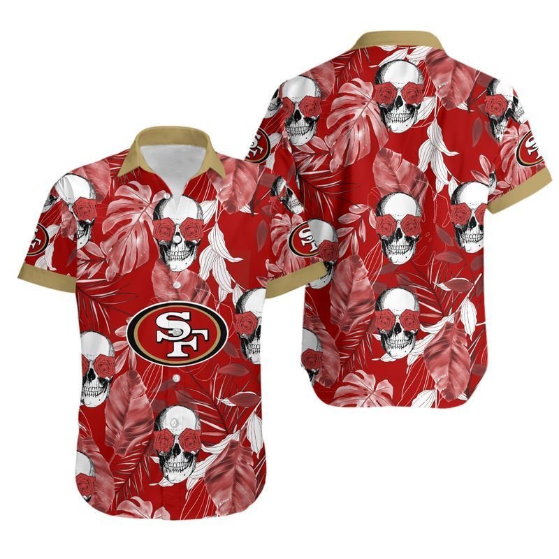 San Francisco 49ers Coconut Leaves And Skulls Hawaiian Shirt For Fans-1