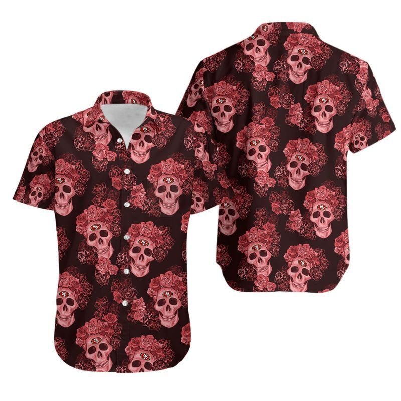 San Francisco 49ers Mystery Skull And Flower Hawaiian Shirt For Fans-1