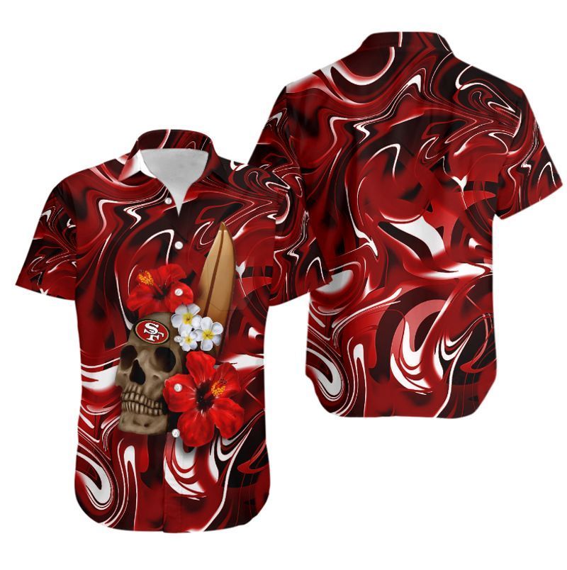 San Francisco 49ers Skull And Hibiscus Flower Nfl Hawaiian Shirt For Fans-1