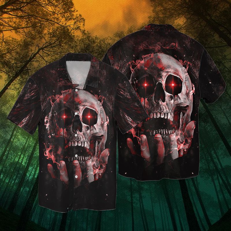 Scary Red Skull In Hand 3d Full Print Hawaiian Shirt