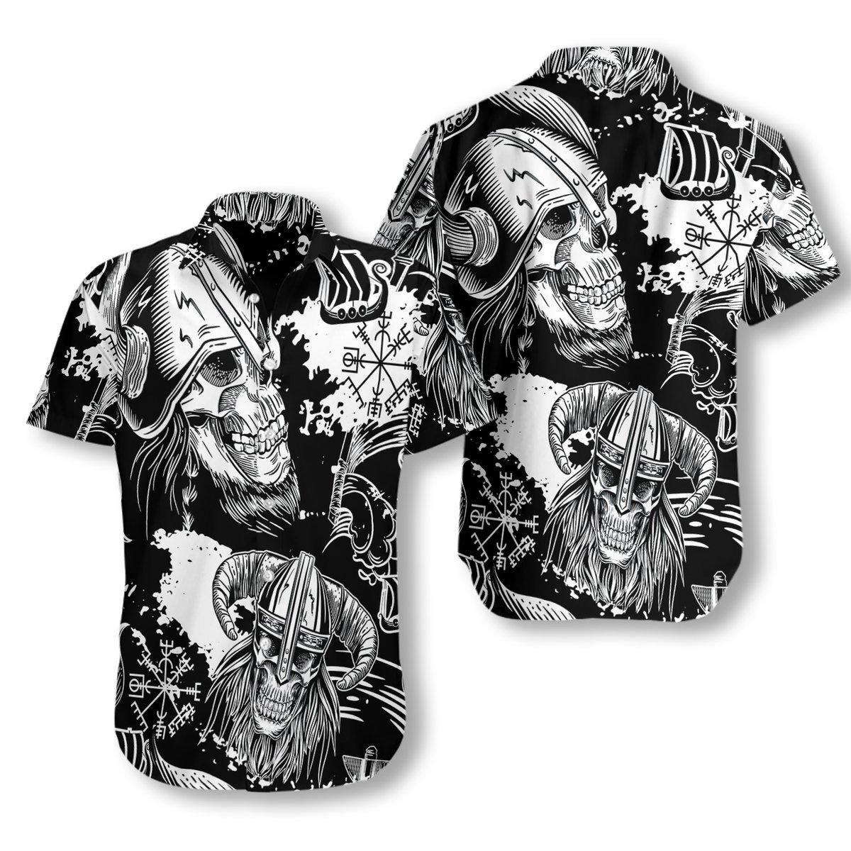 Seamless Pattern Skull In Viking Helmets Aloha Hawaiian Shirt