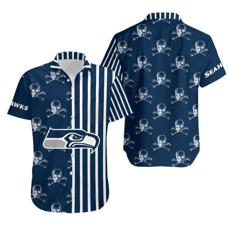 Seattle Seahawks Stripes And Skull Hawaiian Shirt For Fans-1