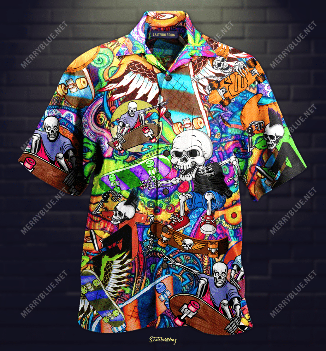 Shop Amazing Skateboarding Skull Unisex Hawaiian Shirt