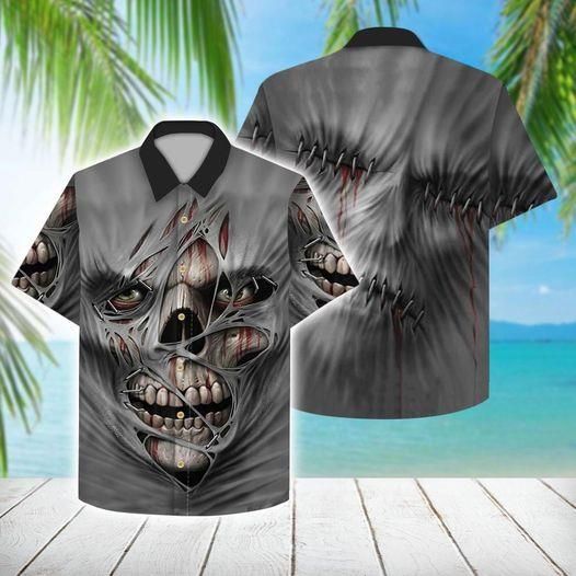 Shop Scary Skull Grey Hawaiian Aloha Shirt