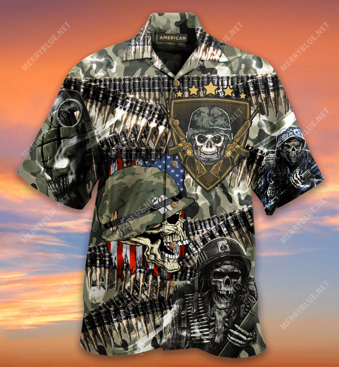 Shop Veterans Bullet Belt Skulls Hawaiian Shirt