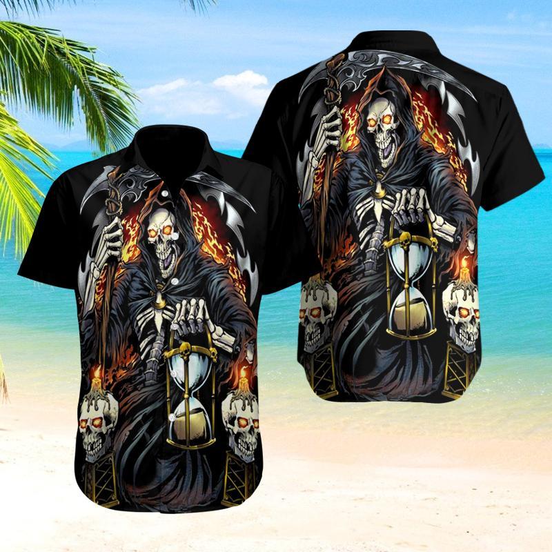 Skull 3d Hawaii Shirts_grim Reaper With Hourglass Hawaiian Shirt