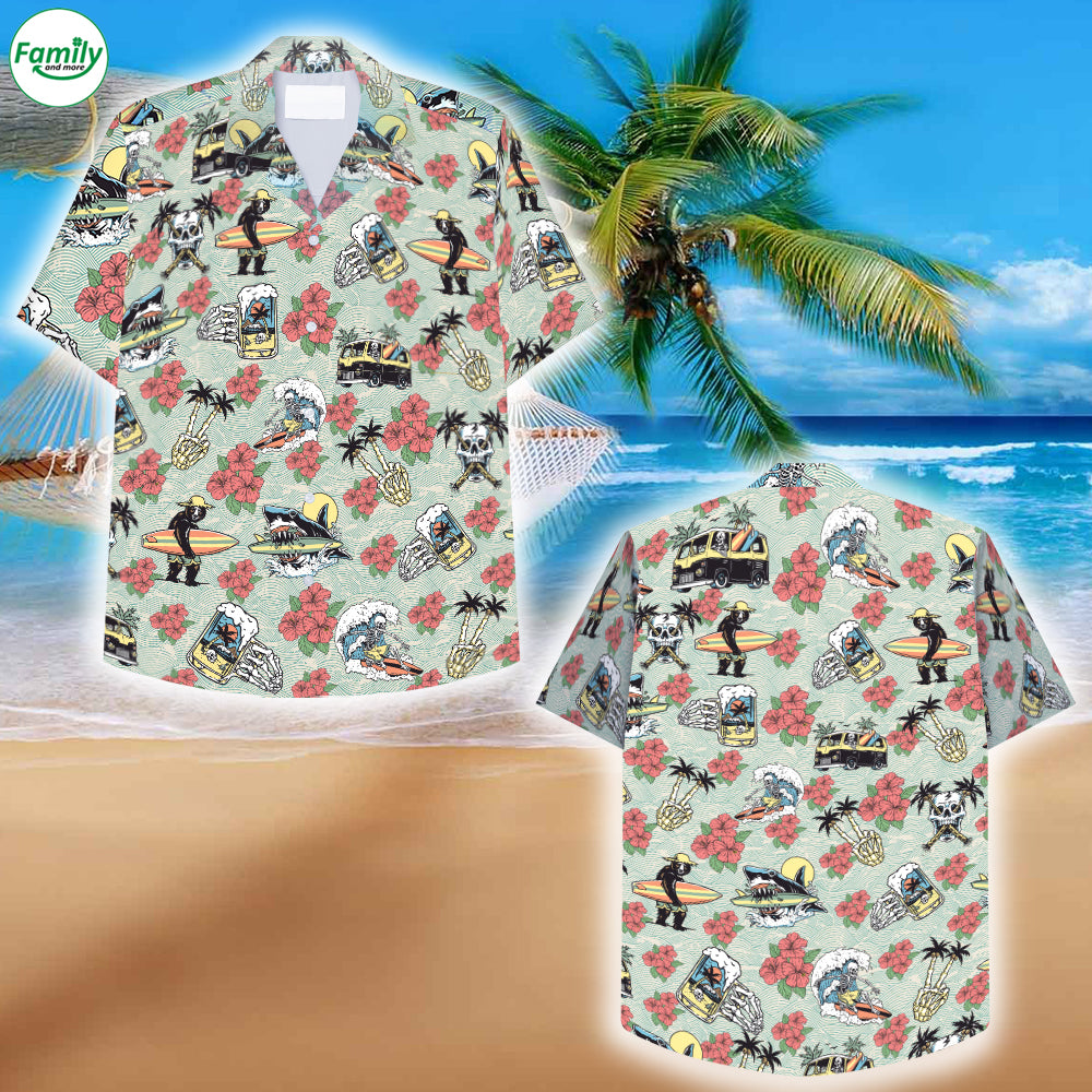 Skull And Animals Seamless Wave In Blue And White Hawaiian Shirt