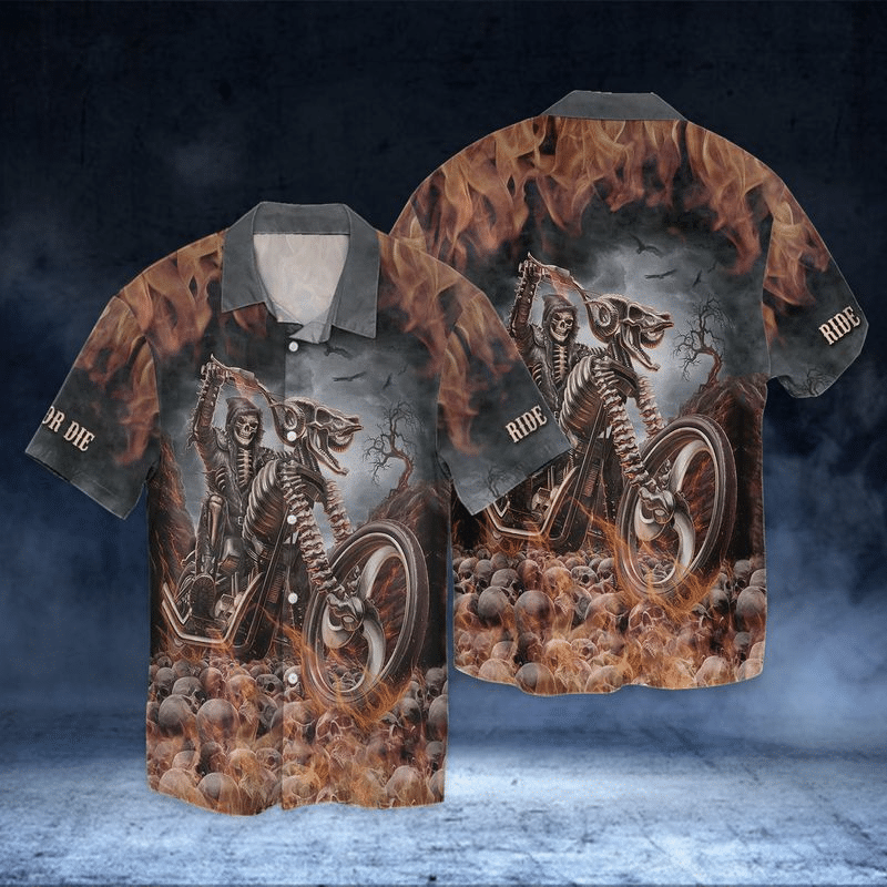 Skull And Biker Ride Or Die Gift Short Sleeve Hawaiian Casual Shirt
