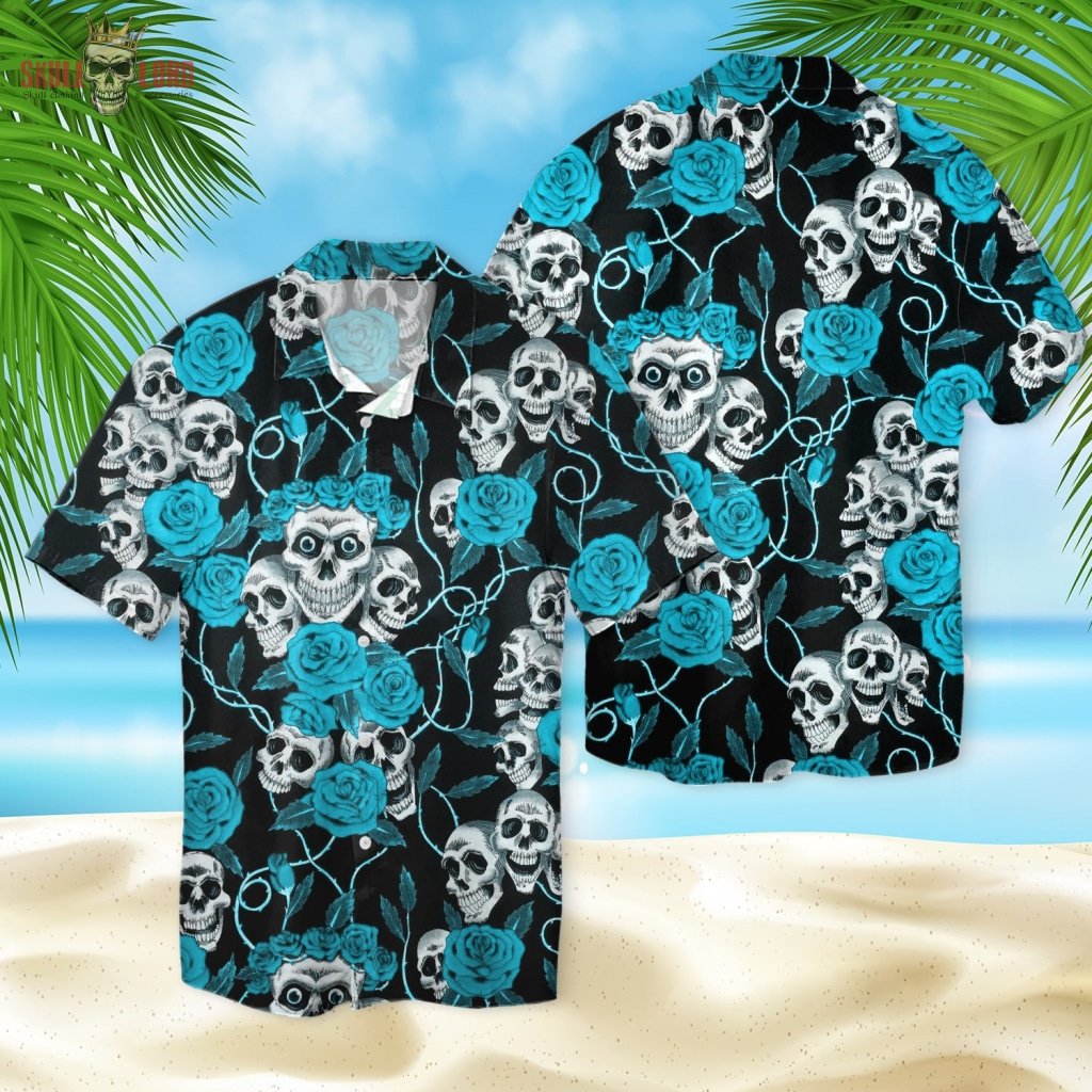 Skull And Blue Roses 3d Hawaiian Shirt