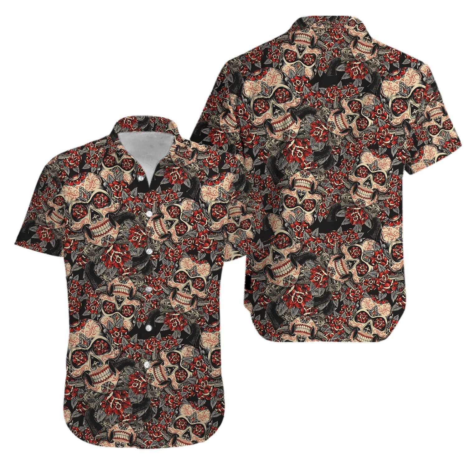Skull And Roses Sugar Skull Aloha Hawaiian Shirts
