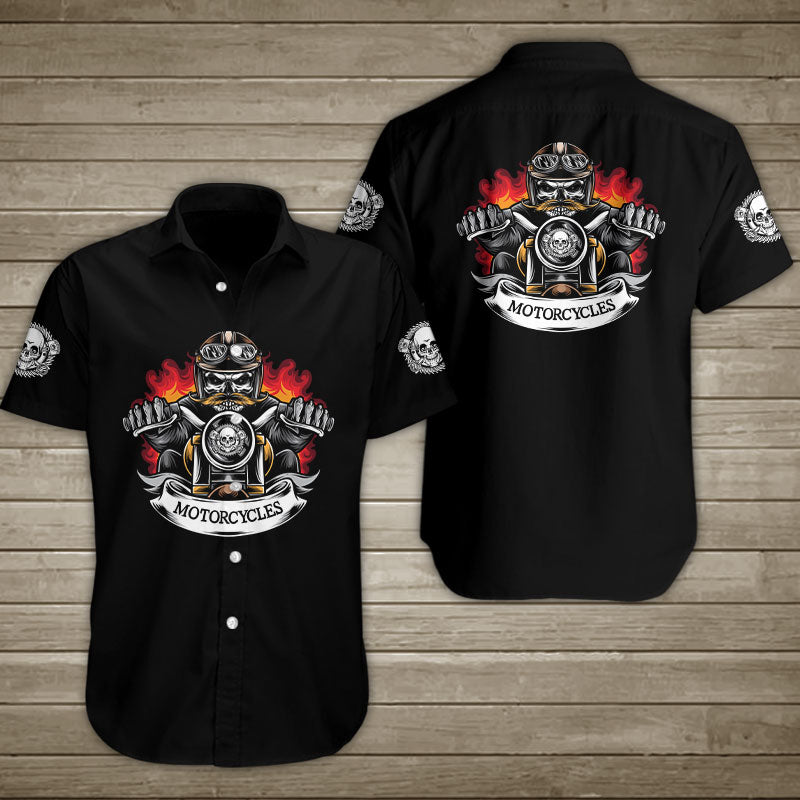 Skull Biker On Fire Hawaiian Shirt Summer Button Up For Men Women Couple