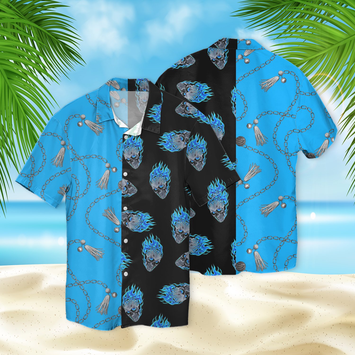 Skull Blue Fire Chain 3d Hawaiian Shirt Sk-3hs01-q225s02-1