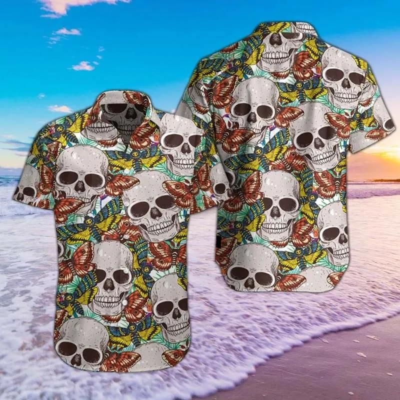 Skull Butterflies Aloha Hawaiian Shirt Colorful Short Sleeve Summer