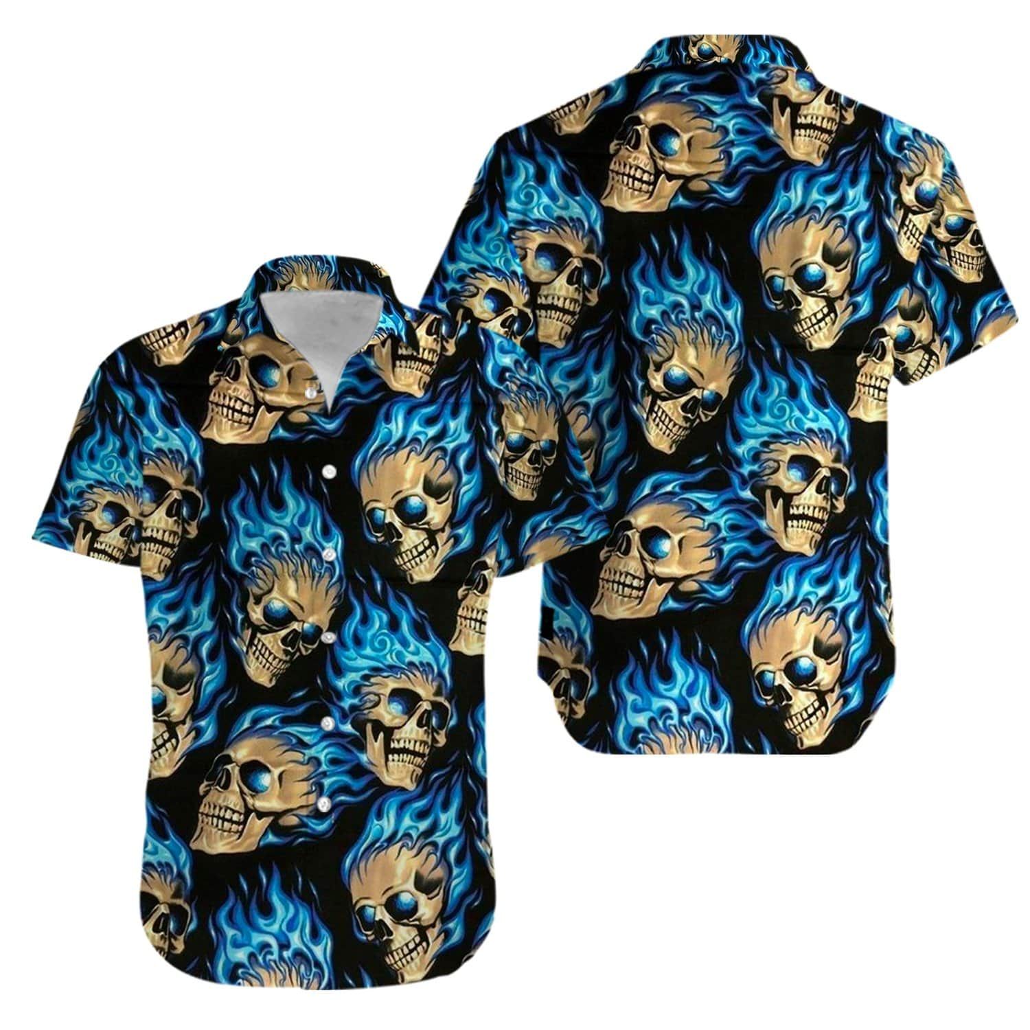 Skull Fire Blue Hawaiian Aloha Shirts