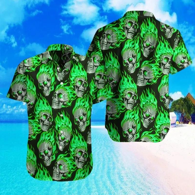 Skull Flaming Aloha Hawaiian Shirt Colorful Short Sleeve Summer Beach Casual Shirt