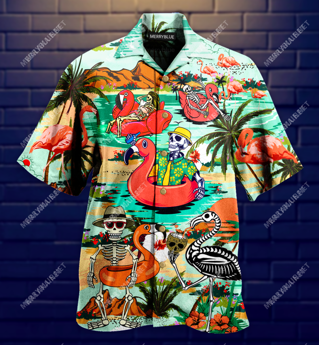 Skull Flamingo In Hawaii Unisex Hawaiian Shirt