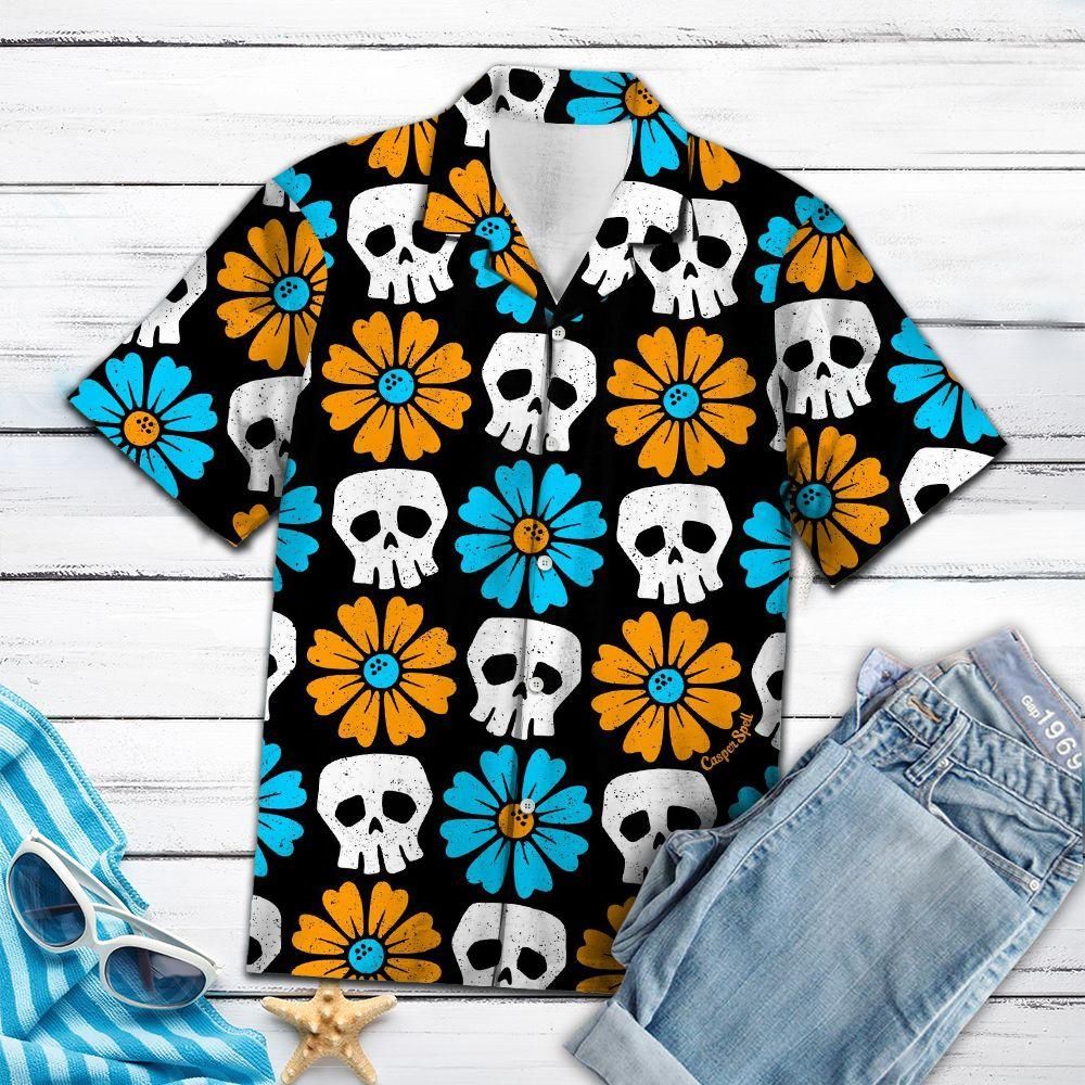 Skull Flower Aloha Hawaiian Shirt Colorful Short Sleeve Summer Beach Casual Shirt