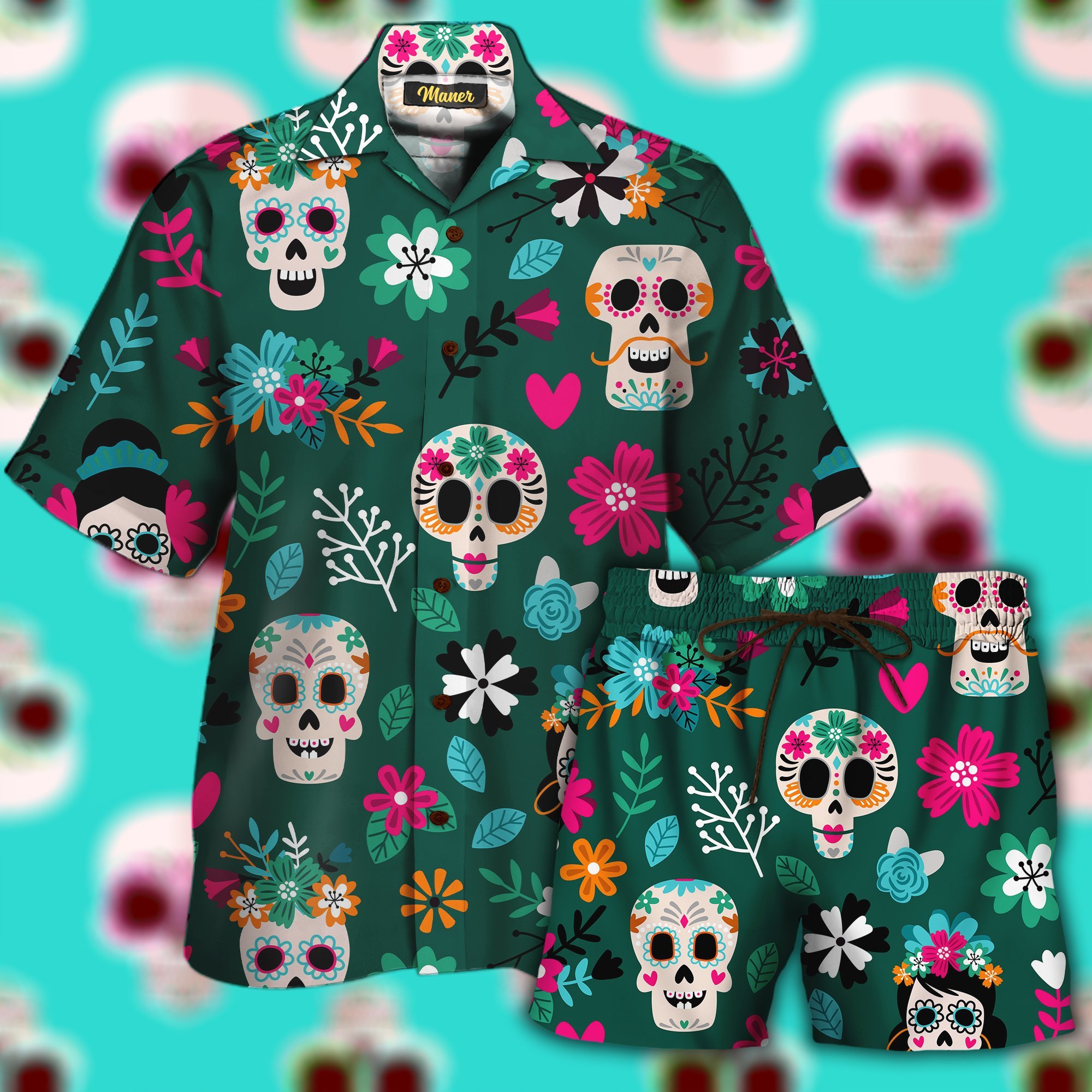 Skull Flower Hawaiian Shirt Set Unisex Hs1054-1