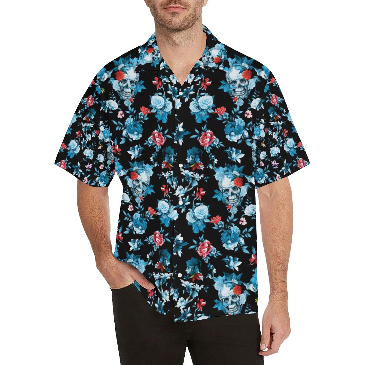 Skull Flower Roses Leave Pattern Mens All Over Print Hawaiian Shirt