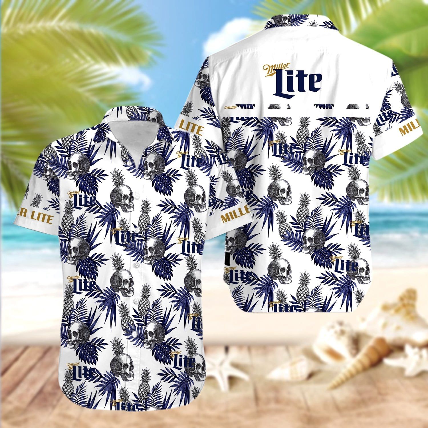 Skull Miller Lite Pineapple Unisex Hawaiian Aloha Shirt V-1