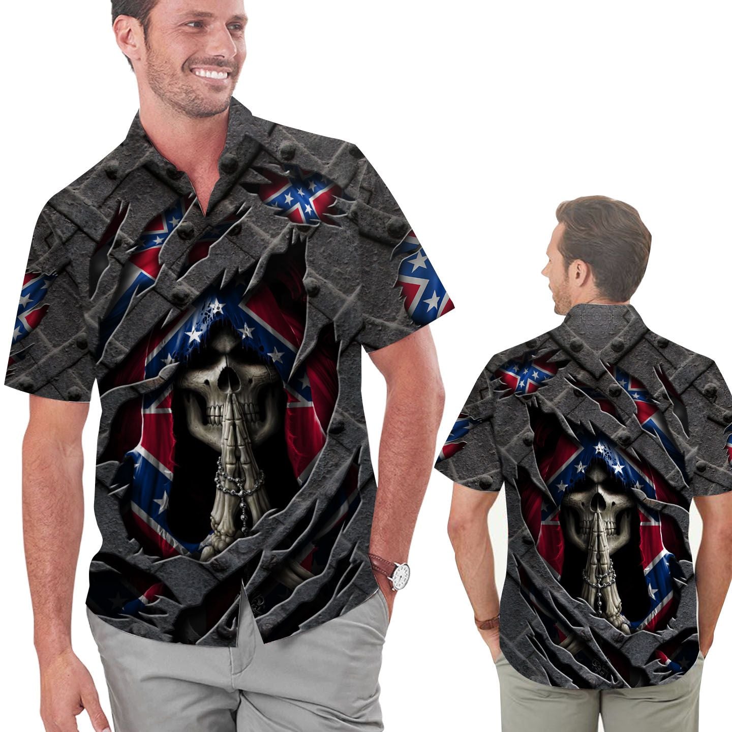 Skull Mississippi Flag Cracked Metal Men Hawaiian Shirt Summer Shirt Beach Shirt