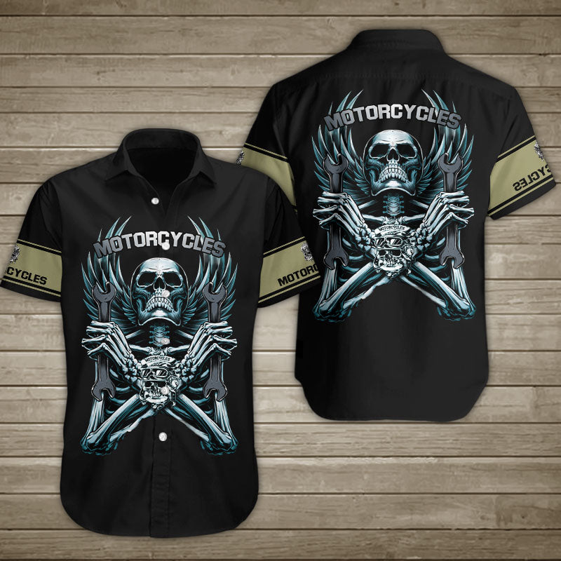 Skull Motorcycle Wrench Spread Wings Hawaiian Shirt Summer Button Up For Men Women Couple