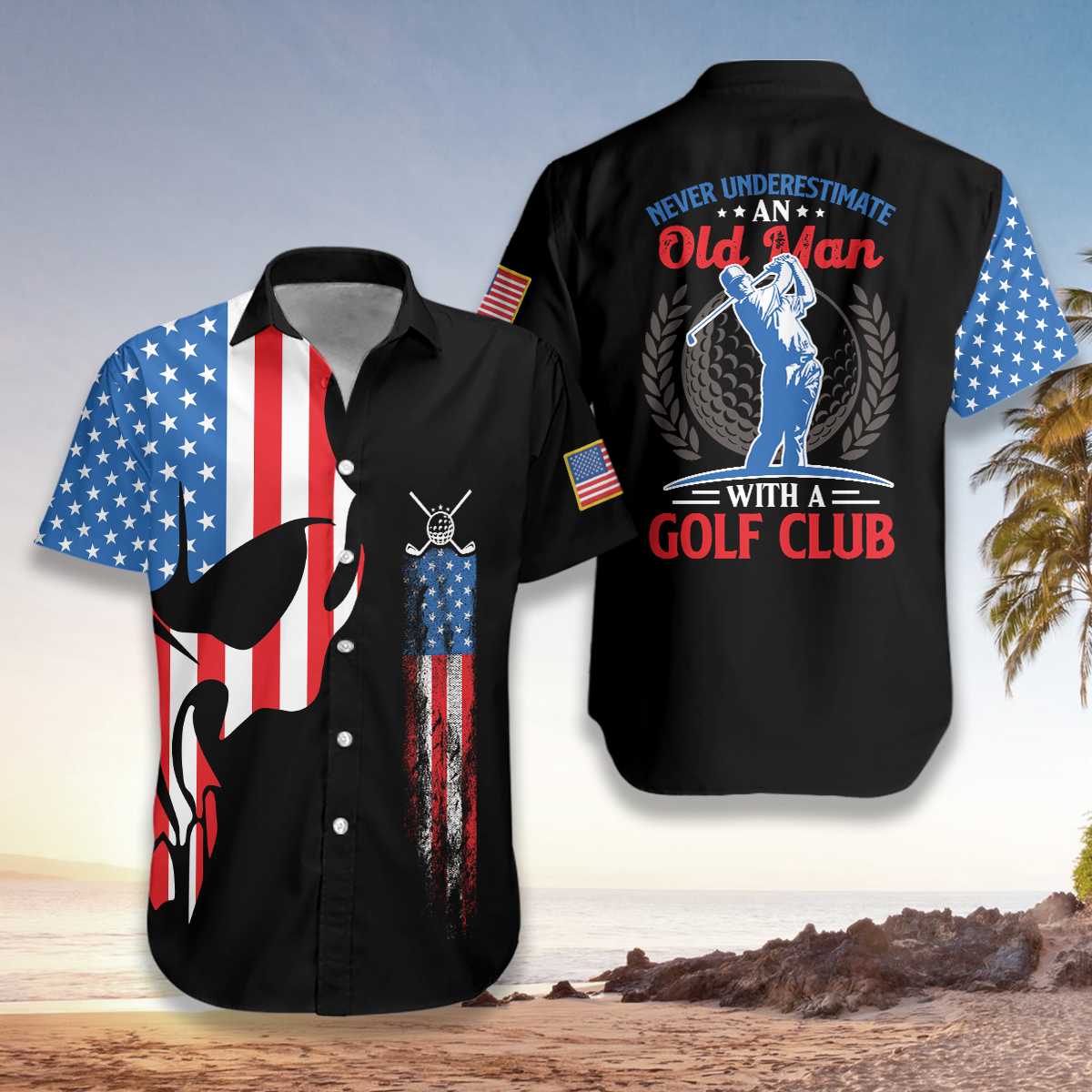 Skull Old Man Golf With American Flag Hawaiian Aloha Shirts H-1